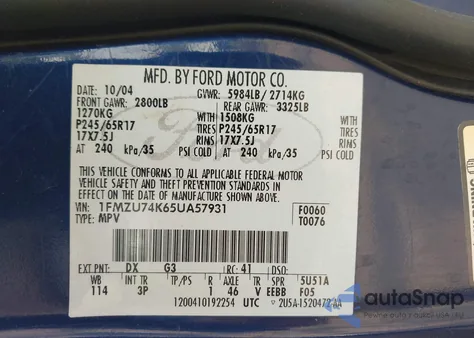 2005 Ford Explorer Eddie Bauer z USA, uszkodzony, nr VIN 1FMZU74K65UA57931